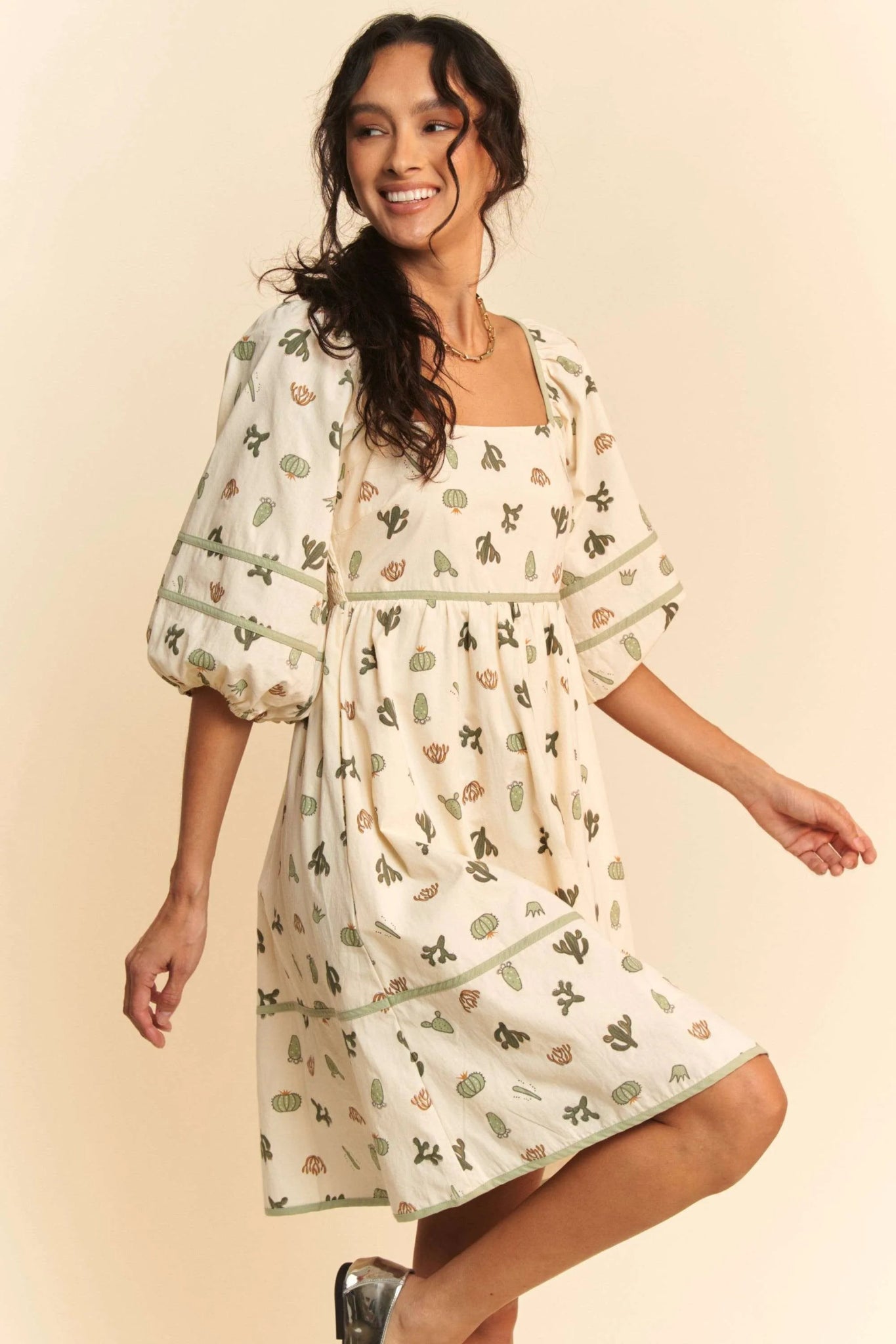 Davi & Dani Cactus Printed Poplin Contrast Piping Mini Dress - Bela Fils BoutiqueBela Fils Boutique